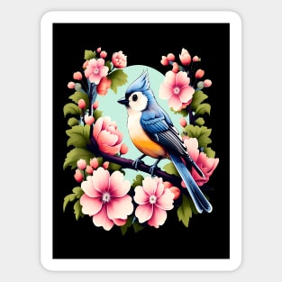 Cute Tufted Titmouse Surrounded by Vibrant Spring Flowers Sticker